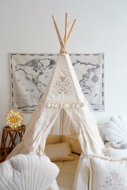“Boho” Teepee Tent with Frills and Embroidery