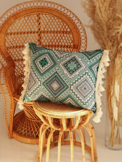 "Sea green mosaic" cushion with fringe - Moi Mili