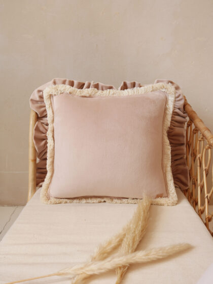 "Latte" soft velvet cushion with fringe