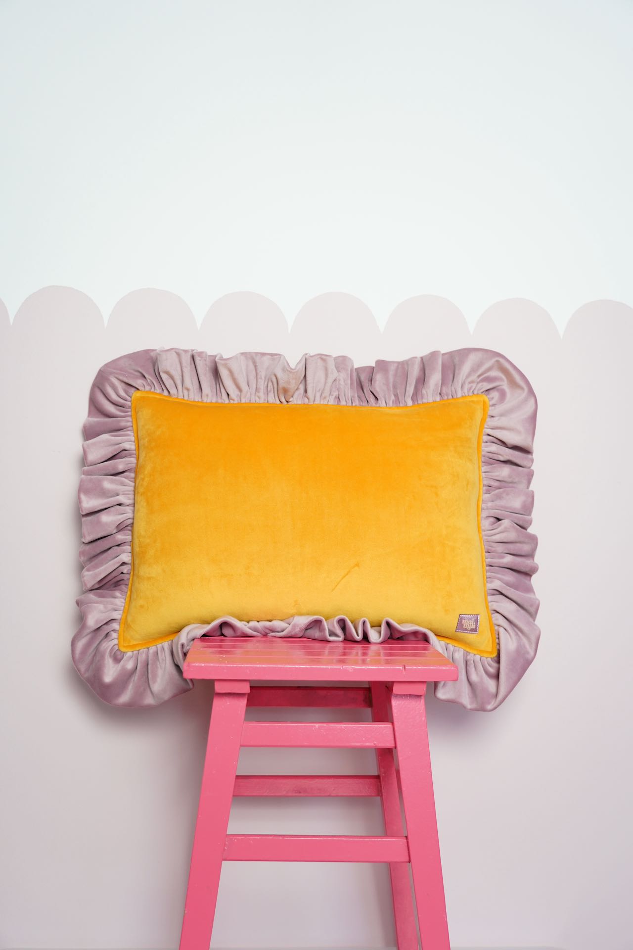 Decorative velvet pillow with frills "Orange soda"
