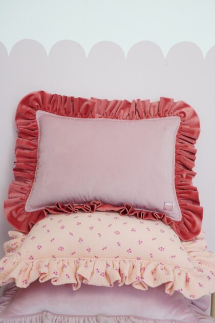 Decorative velvet pillow with frills "Raspberry smoothie"