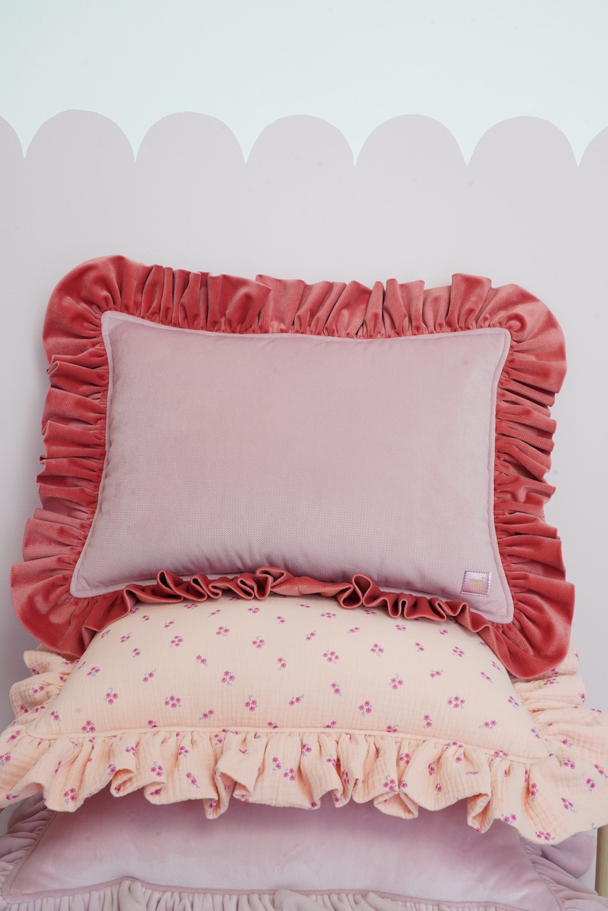 Decorative velvet pillow with frills "Raspberry smoothie"