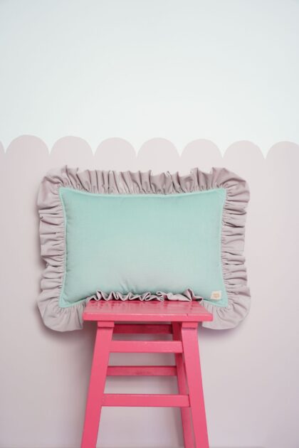 Decorative velvet pillow with frills "Strawberry matcha"