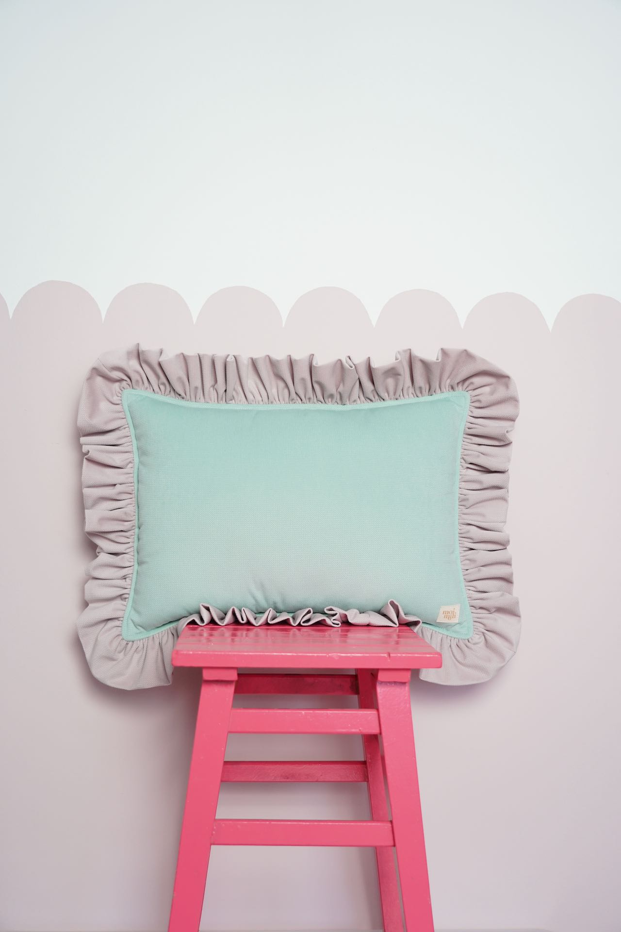 Decorative velvet pillow with frills "Strawberry matcha"