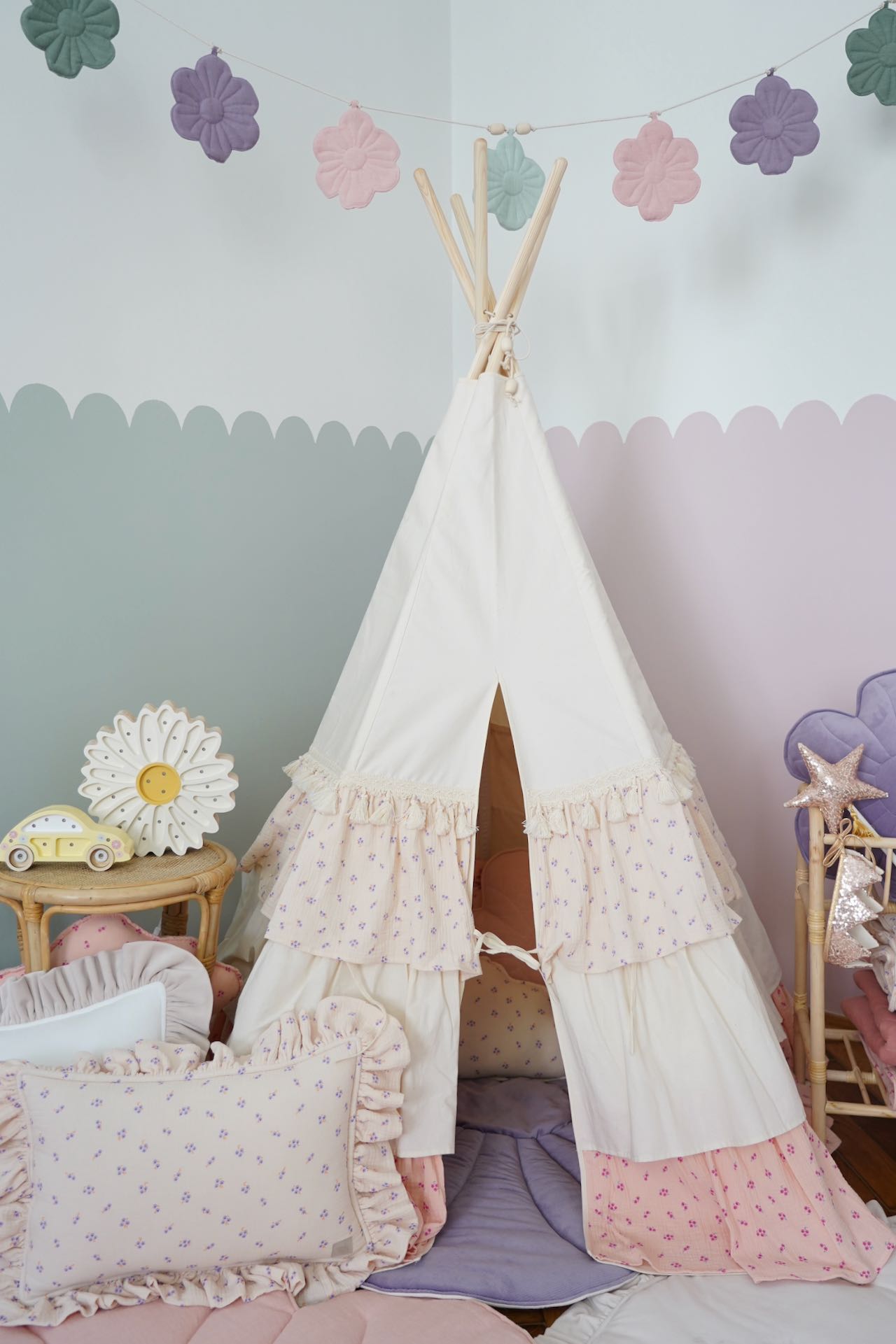 Set Teepee tent for kids with mat "Forget-me-not"/ mat- linen leaf mat "Light Pink"