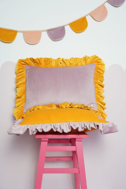 Decorative velvet pillow with frills "Fruit cocktail"