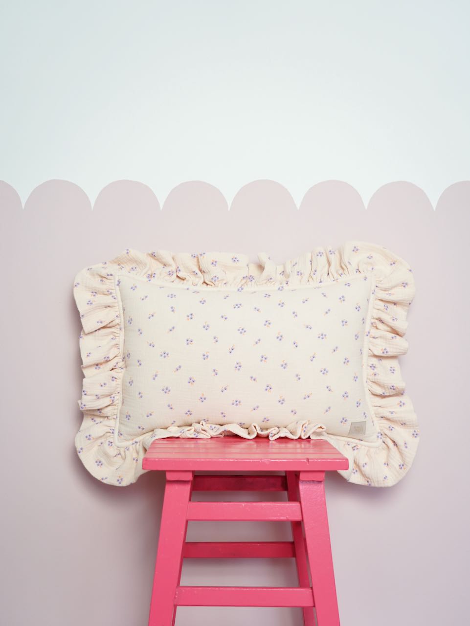 Muslin decorative pillow with frill "Purple forget-me-not"