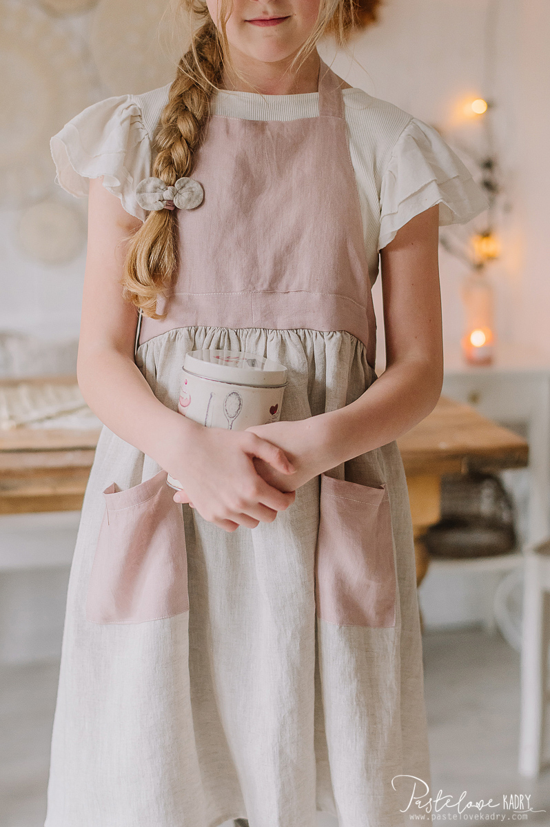 Linen kitchen apron for a child with headband Sweet cake