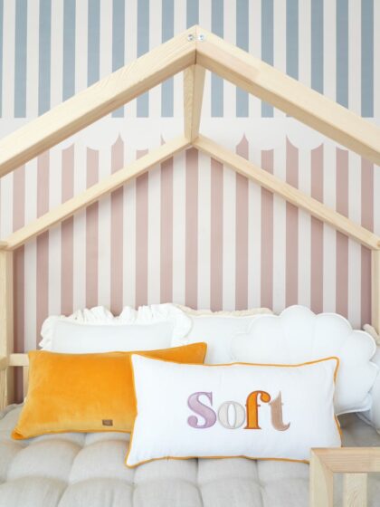 Decorative pillowcase with a pastel embroidered inscription "Soft"