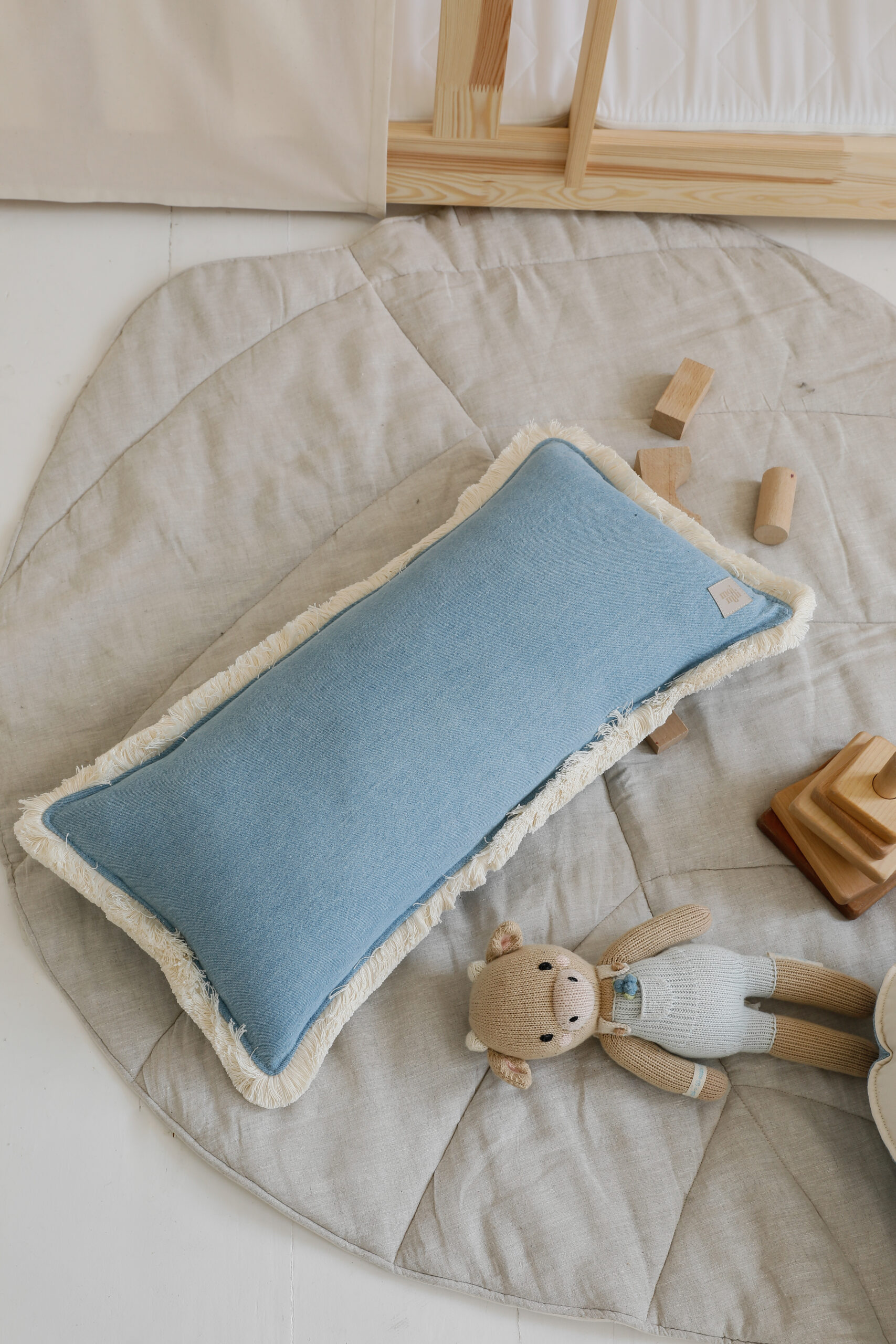 Jeans denim bolster with fringe, Decorative pillow,