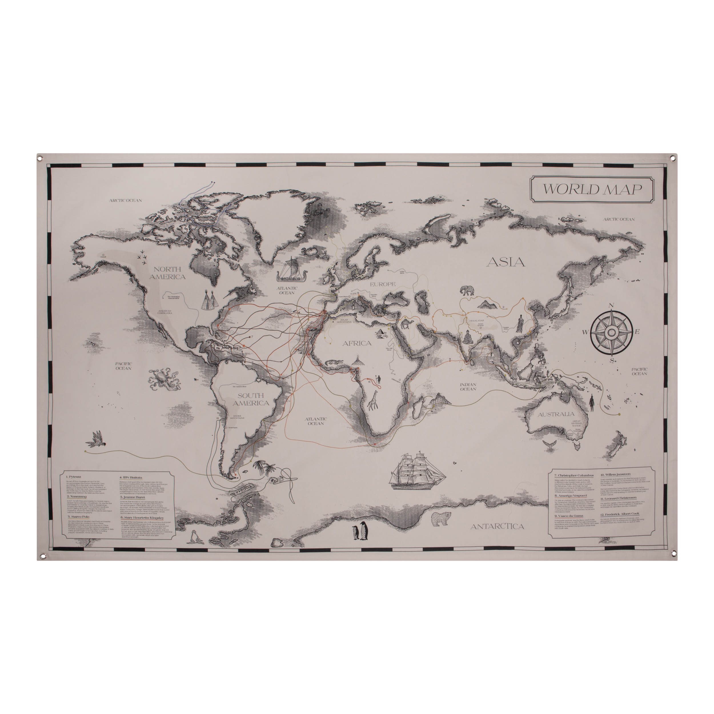 Cotton world map for children "Travellers and their trails"